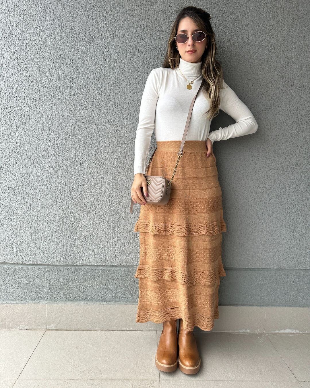 Saia Midi com Camadas Caramelo e Lurex Dourado Melancia