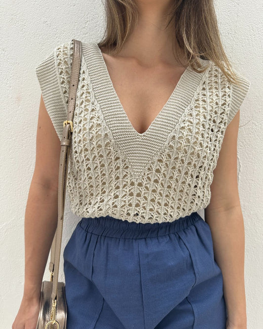 Colete tricot fechado cru com lurex prata e dourado Limão