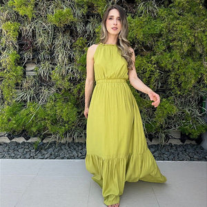 Vestido longo fluido com elastico na cintura verde Melão