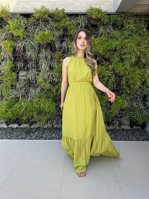 Vestido longo fluido com elastico na cintura verde Melão