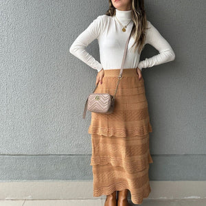 Saia Midi com Camadas Caramelo e Lurex Dourado Melancia