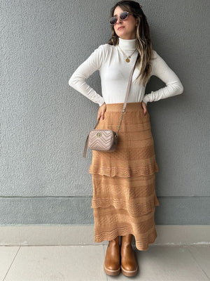 Saia Midi com Camadas Caramelo e Lurex Dourado Melancia