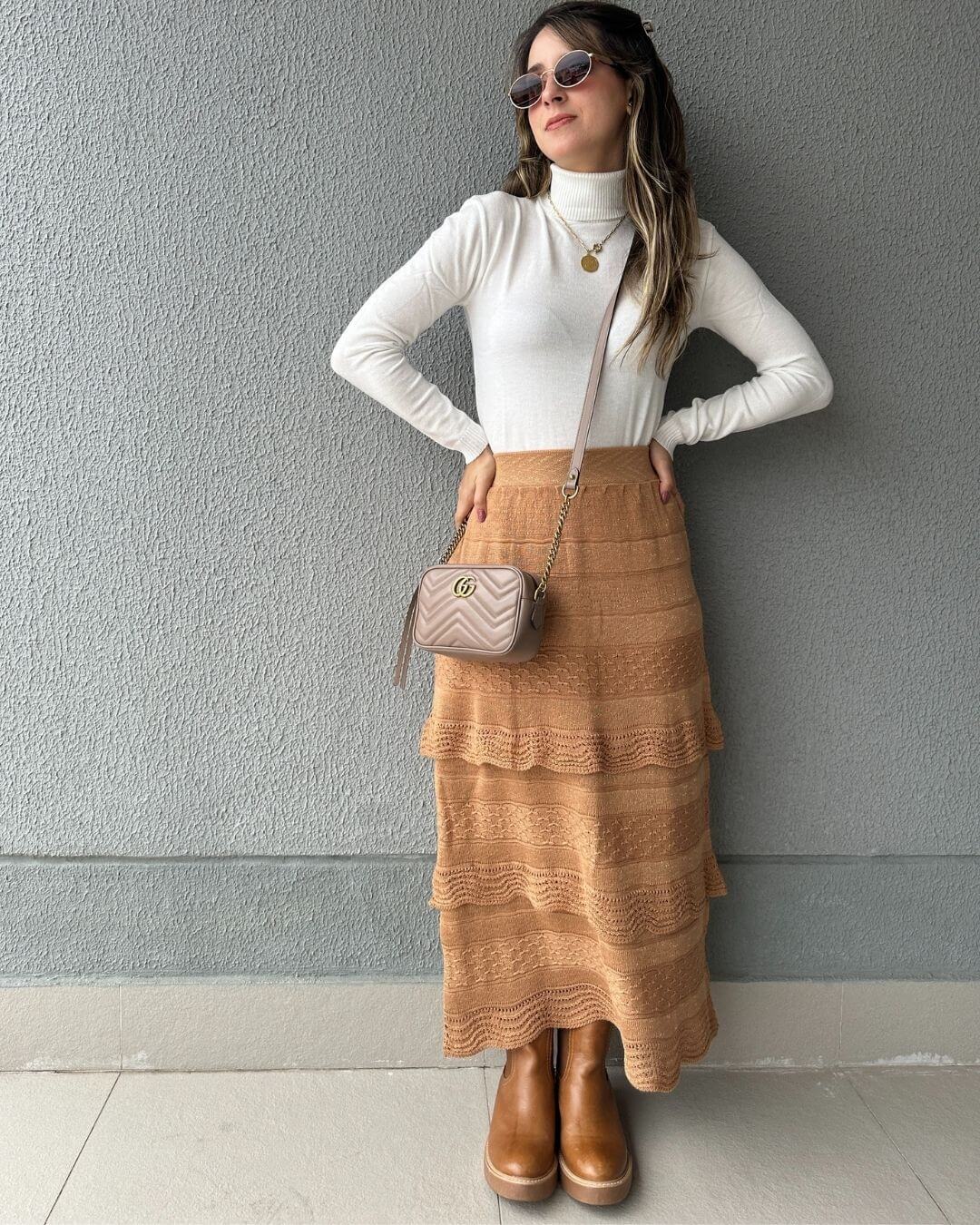 Saia Midi com Camadas Caramelo e Lurex Dourado Melancia