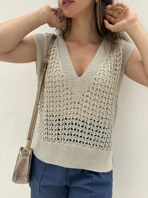 Colete tricot fechado cru com lurex prata e dourado Limão