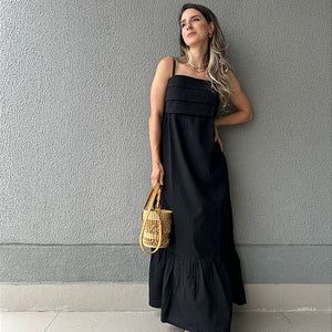 Vestido longo viscolinho de alça decote com camadas preto Jabuticaba