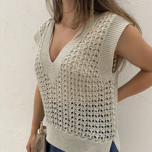 Colete tricot fechado cru com lurex prata e dourado Limão