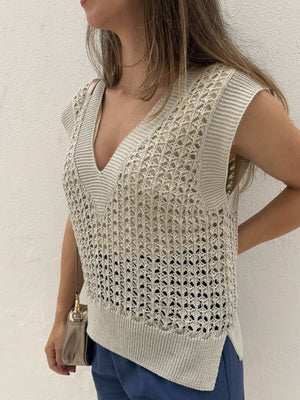 Colete tricot fechado cru com lurex prata e dourado Limão