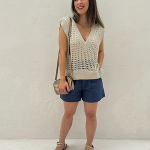 Colete tricot fechado cru com lurex prata e dourado Limão