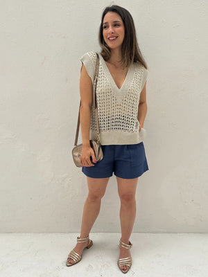 Colete tricot fechado cru com lurex prata e dourado Limão