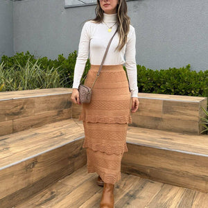 Saia Midi com Camadas Caramelo e Lurex Dourado Melancia