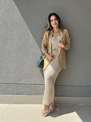 Blazer maxi com mangas franzidas caramelo manteiga Crisântemo