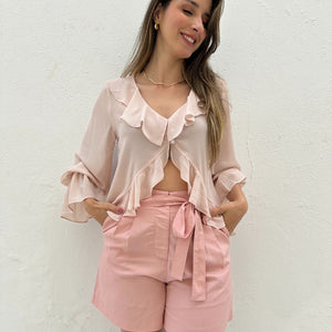 Bata Boho com Babados e Botão Rosa Tulipa