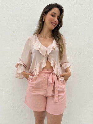 Bata Boho com Babados e Botão Rosa Tulipa