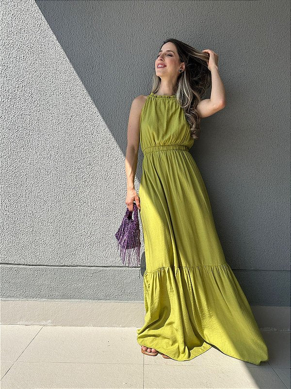 Vestido longo fluido com elastico na cintura verde Melão