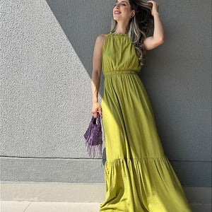 Vestido longo fluido com elastico na cintura verde Melão