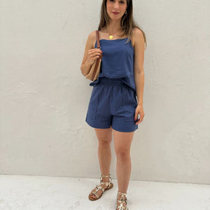 Blusa de Alça com Amarração e Detalhes em Botão Azul Cobalto Guaraná