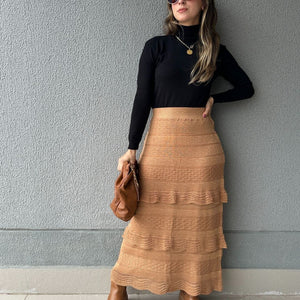 Saia Midi com Camadas Caramelo e Lurex Dourado Melancia