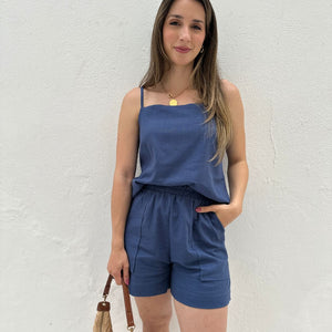 Blusa de Alça com Amarração e Detalhes em Botão Azul Cobalto Guaraná