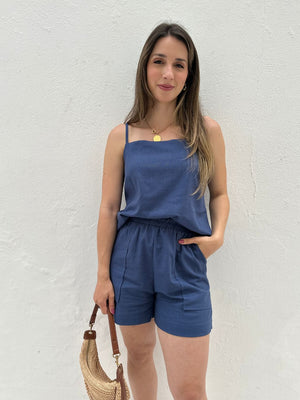 Blusa de Alça com Amarração e Detalhes em Botão Azul Cobalto Guaraná