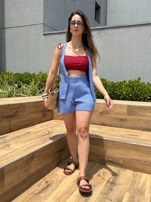 Conjunto de Short e Colete de Tricô Azul Maracujá