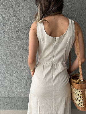 Vestido curto viscolinho saia ampla com bolsos cru Graviola