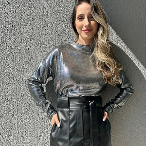 Blusa tricot preta metalizada com foil prata Hortênsia