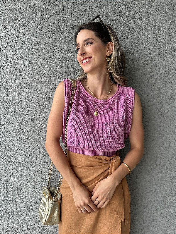 Regata cropped tricot estonado algodão canelado rosa Camélia