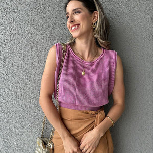 Regata cropped tricot estonado algodão canelado rosa Camélia