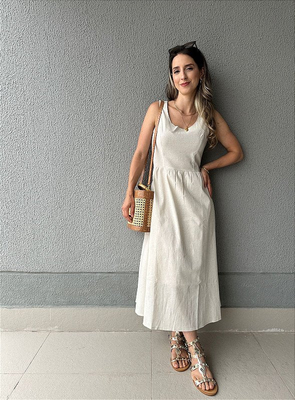 Vestido curto viscolinho saia ampla com bolsos cru Graviola