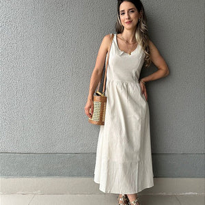 Vestido curto viscolinho saia ampla com bolsos cru Graviola