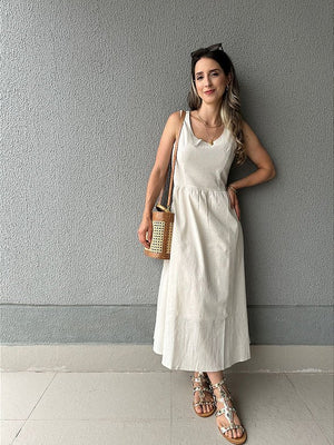 Vestido curto viscolinho saia ampla com bolsos cru Graviola