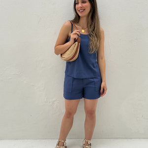 Blusa de Alça com Amarração e Detalhes em Botão Azul Cobalto Guaraná