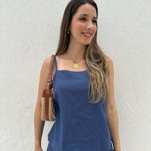 Blusa de Alça com Amarração e Detalhes em Botão Azul Cobalto Guaraná