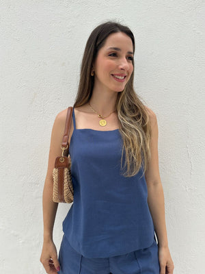 Blusa de Alça com Amarração e Detalhes em Botão Azul Cobalto Guaraná