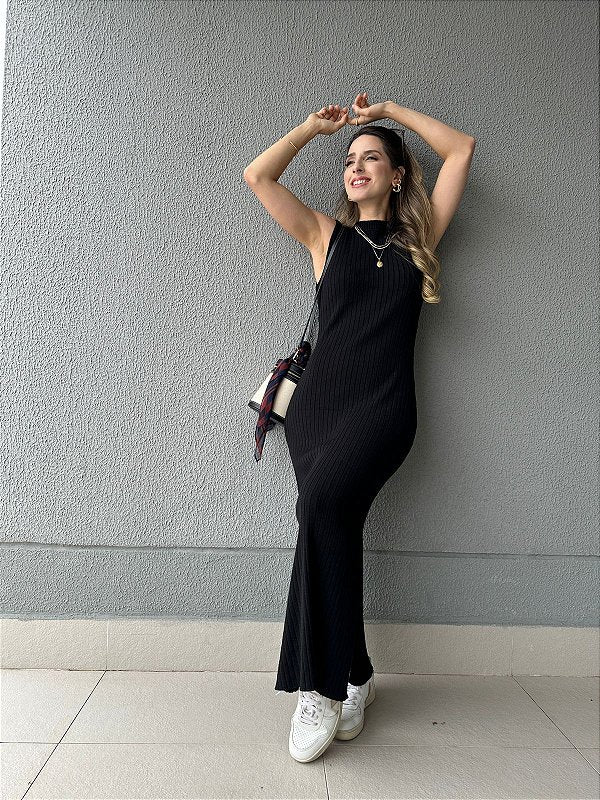 Vestido de tricot canelado com fenda preto Mangostim