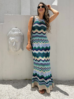 Vestido de tricot vazado com listras azul verde e areia Macadâmia