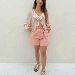 Bata Boho com Babados e Botão Rosa Tulipa