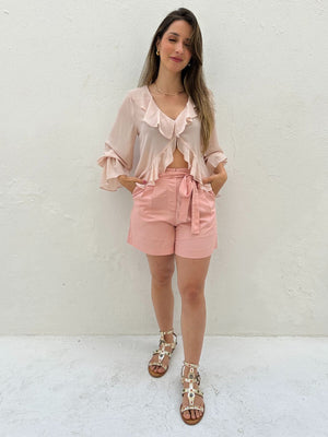Bata Boho com Babados e Botão Rosa Tulipa