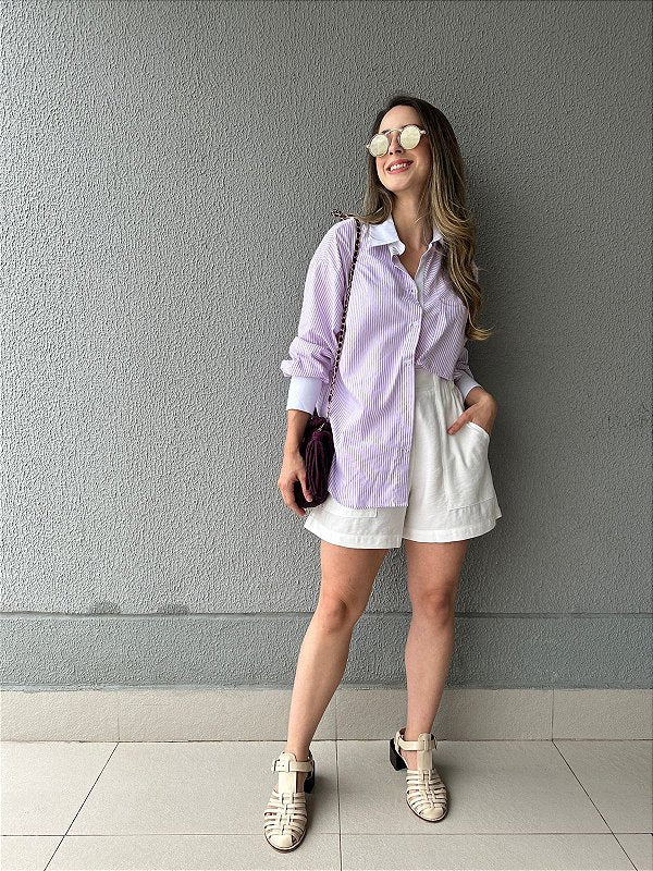 Camisa oversized listrada branco lilás Alamanda