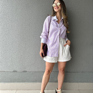 Camisa oversized listrada branco lilás Alamanda