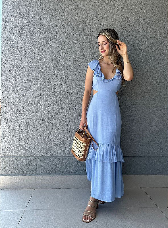 Vestido fluido com babados e amarração nas costas azul Begônia