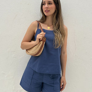 Blusa de Alça com Amarração e Detalhes em Botão Azul Cobalto Guaraná