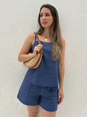 Blusa de Alça com Amarração e Detalhes em Botão Azul Cobalto Guaraná