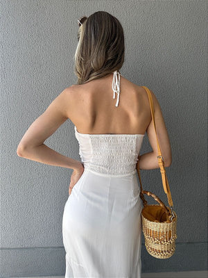 Vestido frente única midi com elástico nas costas off white Avelã