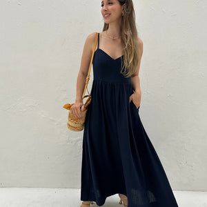 Vestido Evasê Com Alças e Decote em Coração Azul Manga