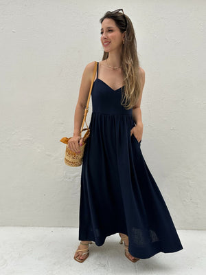 Vestido Evasê Com Alças e Decote em Coração Azul Manga