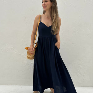 Vestido Evasê Com Alças e Decote em Coração Azul Manga