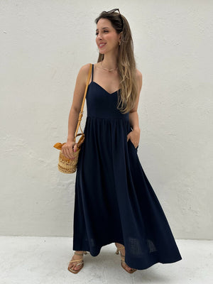 Vestido Evasê Com Alças e Decote em Coração Azul Manga