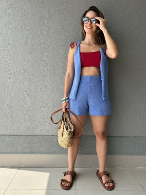 Conjunto de Short e Colete de Tricô Azul Maracujá