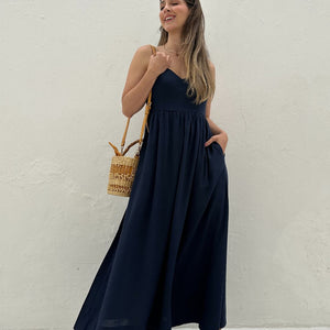 Vestido Evasê Com Alças e Decote em Coração Azul Manga